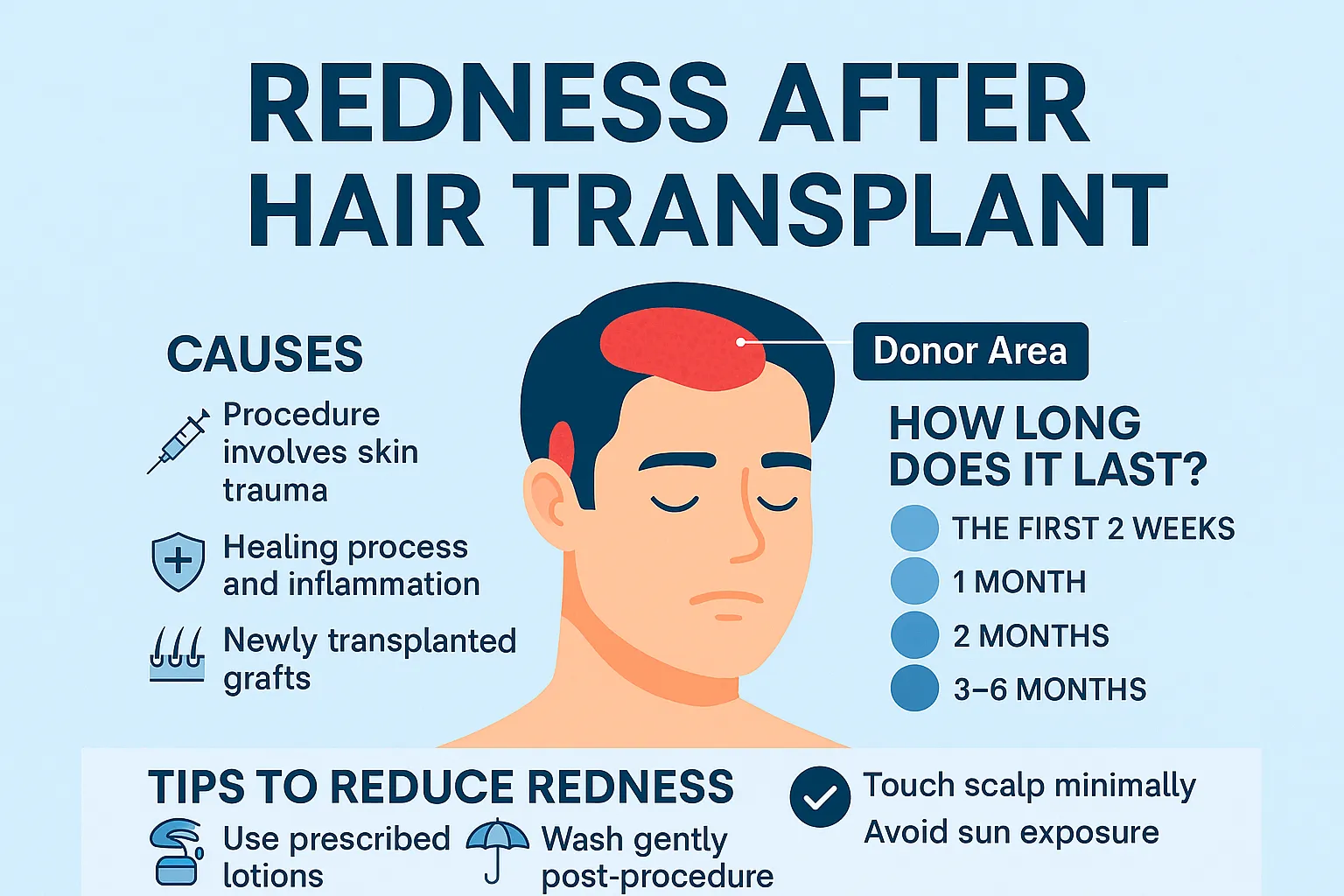 An infographic illustrating the causes, timeline, and treatments for redness after a hair transplant, including scalp care tips, healing stages, and donor area management.