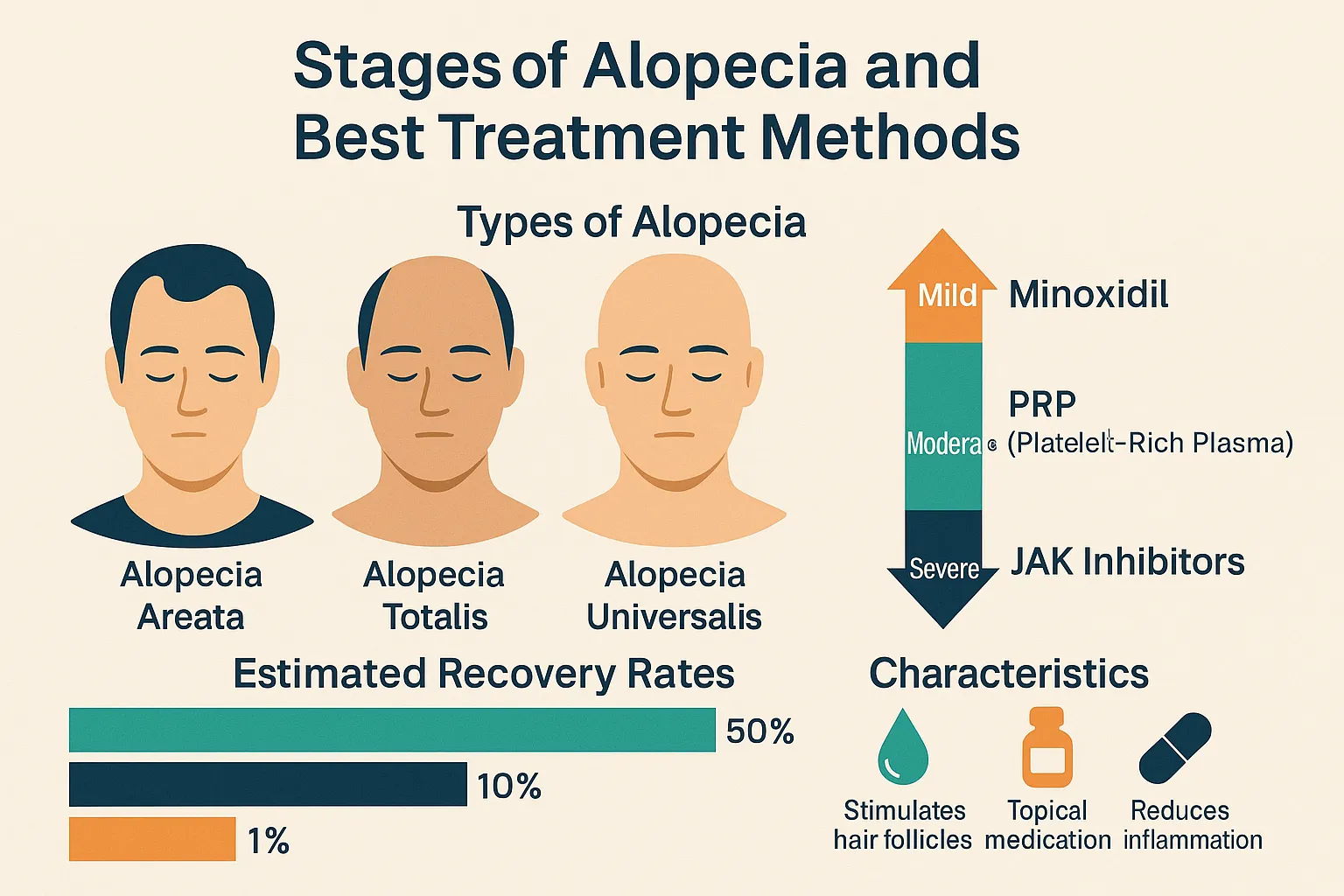 Infografik über die Arten von Alopezie, einschließlich Areata, Totalis, Universalis und gemusterter Kahlheit, mit Heilungsraten und Behandlungsmöglichkeiten wie PRP, Minoxidil und JAK-Inhibitoren