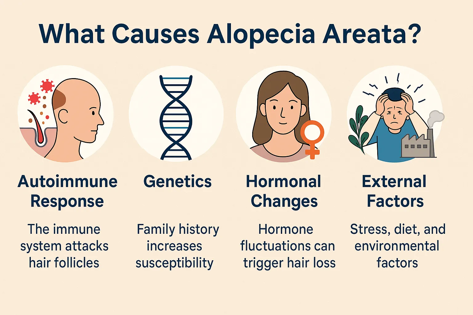 Visuelle Aufschlüsselung der Ursachen von Alopecia areata, einschließlich Autoimmunreaktion, Genetik, hormonelle Veränderungen und externe Faktoren wie Stress und Umweltverschmutzung