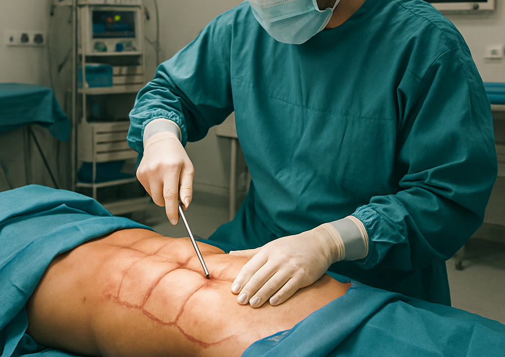 Chirurgien effectuant une gravure abdominale pour sculpter des abdominaux bien définis sur un patient dans une salle d'opération.