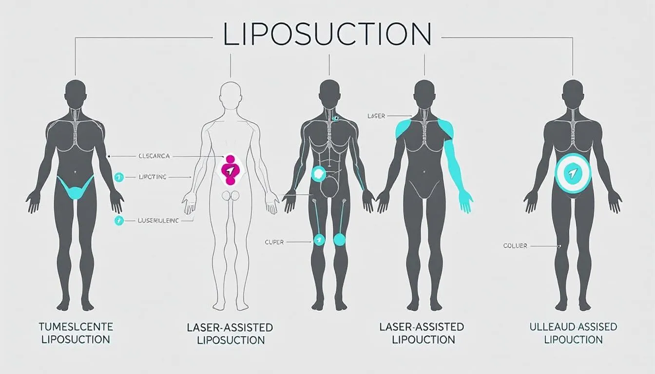 Una ilustración que muestra diferentes técnicas y procedimientos de liposucción.