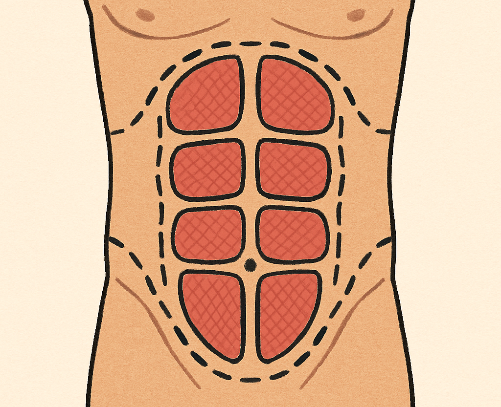 Illustration des muscles abdominaux et des zones marquées pour la chirurgie des six-packs ou la gravure abdominale.