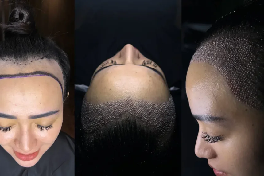 Hairline transplant for women showing frontal hairline design and graft implantation process – FUE hair transplant technique for naturally high hairline correction
